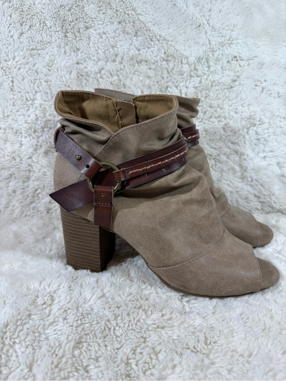 Taupe Suede Peep-Toe Ankle Boots with Brown Strap Accent